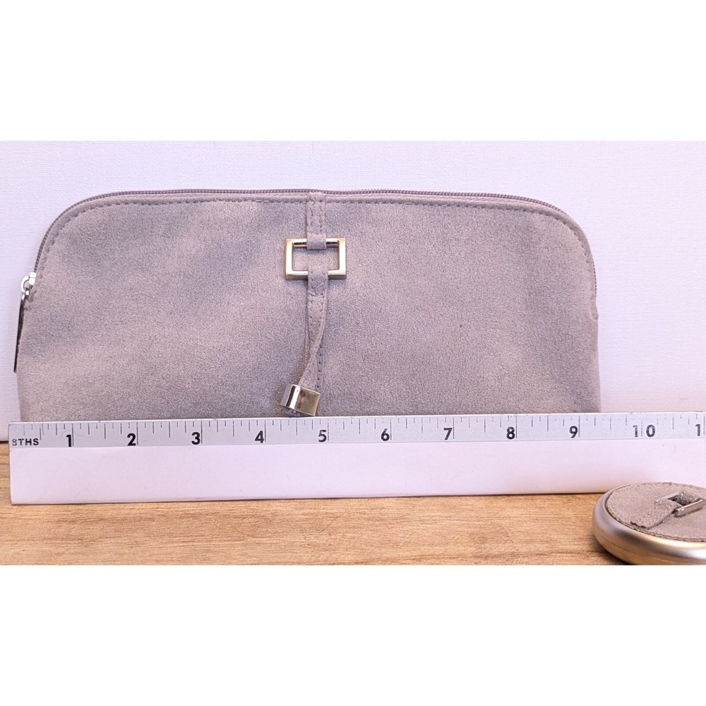 Estee Lauder Faux Suede Gray Cosmetic Zipper Bag Pouch Clutch + Travel Mirror - Picture 10 of 11